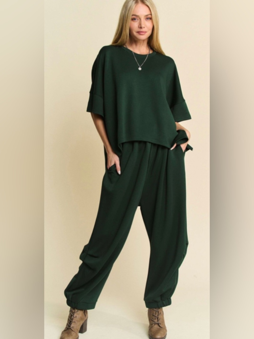 Davi & Dani Loose Fit Flowy Top Elastic Waist Hem Semi-Harem Long Pants Set.